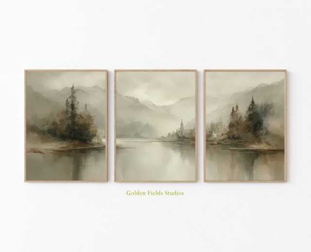 Set Of 3 Neutral Lake Landscape Prints, Misty Mountain Wall Art ...