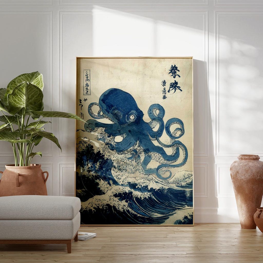 Japanese Octopus Wave Poster, Ukiyo-E Style Wall Art, Blue Sea