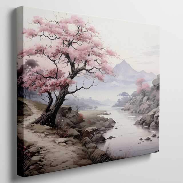 Cherry Blossom River Canvas Art Japanese Landscape Print by Etsy ...