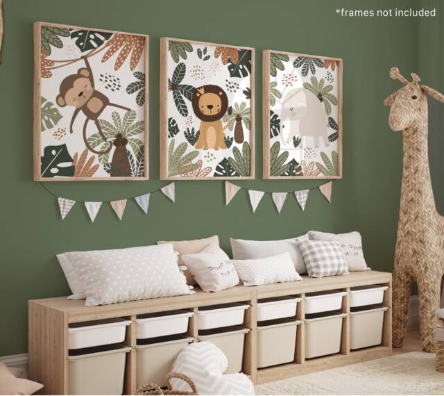 Set Of 3 Safari Animals Prints, Lion Print, Monkey Elephant Jungle ...