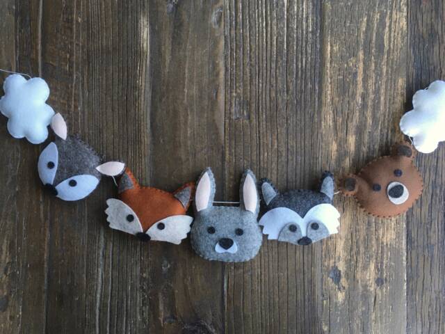 Rustic Plush Woodland Animals & Clouds Garland, Wool Felt Wall Hanging, Nursery ...