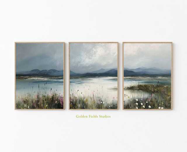 Misty Lake & Mountain Print Set Neutral Landscape Wall Art by Etsy ...