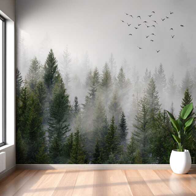 Scenic Foggy Forest Mural Peel & Stick Wallpaper Trees Misty Landscape ...