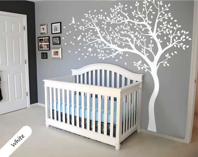 White Tree Wall Decal - Large Baby Nursery Vinyl Mural With Birds ...