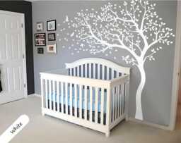 Large White Tree Decal With Birds - Nursery Nature Mural Sticker For ...