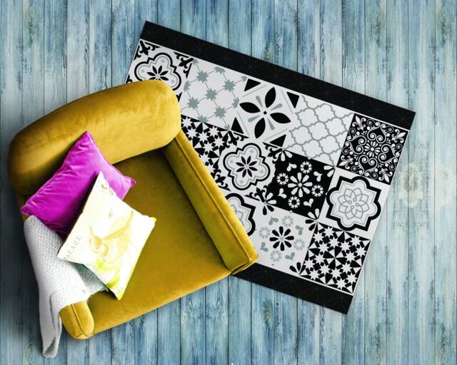 Abstract Tiles Vinyl Mat, Black PVC White Floor Flooring, Birtday Gift ...