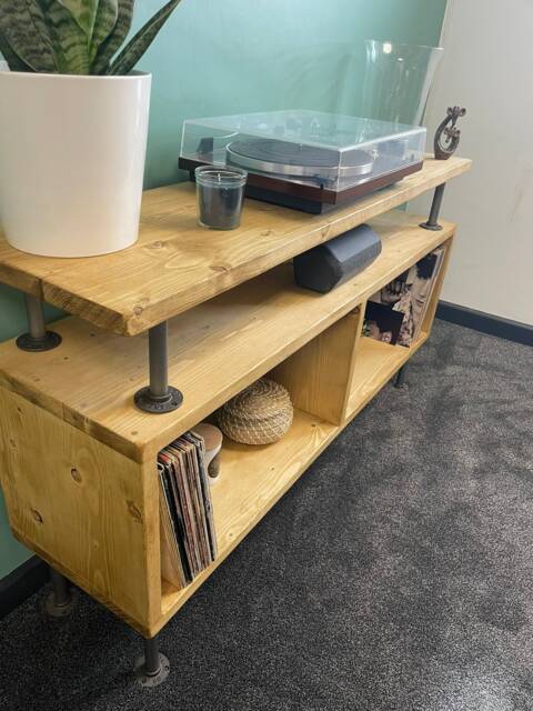 Rustic Solid Wood Record Player Stand With Vinyl Storage Cabinet & Hi ...