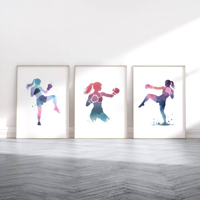 Girl Kickboxing Poster Set - 3 Kickboxer Prints - Women's Boxing ...