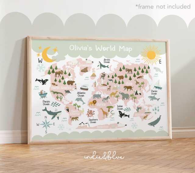 Personalised World Map Print in Pink & Turquoise, Animal Map, Kids ...