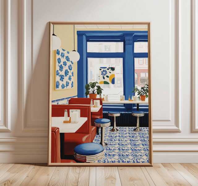 Retro Diner Wall Art Print, Vintage Cafe Poster With Red Booths & Blue ...