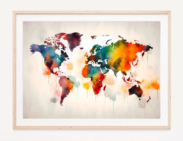Watercolour World Map Poster Art Print, Map Watercolour Poster ...