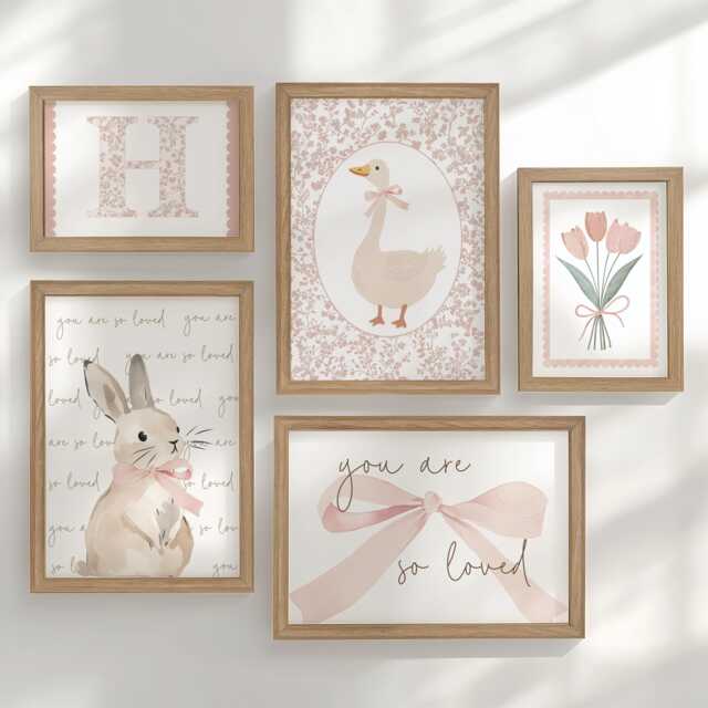 Nursery Gallery Wall Set Baby Girl, Personalised Bunny & Goose Prints ...