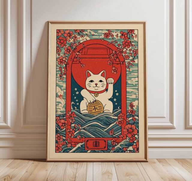 Lucky Cat Poster - Maneki Neko Japanese Wall Art, Vintage Asian Decor ...