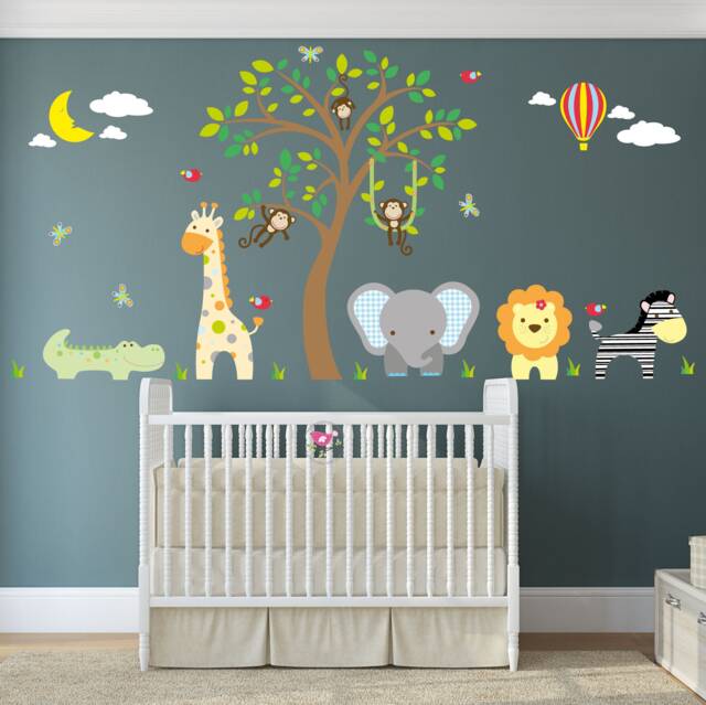 Jungle Animals Nursery Wall Decals Safari Mural With Giraffe, Elephant ...