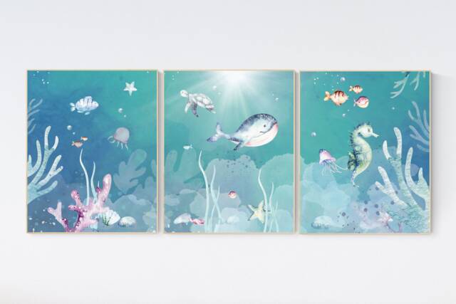 Under The Sea Wall Art, Ocean Nursery Decor, Nautical Print Set, Under ...
