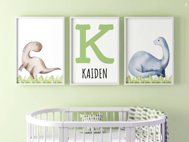 Dinosaurs Baby Boys Nursery Set Of 3 Unframed Personalised Name Poster ...