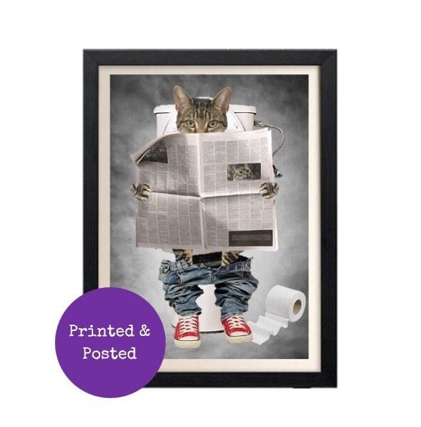 Tabby Cat On Toilet - Funny Bathroom Print in Clothes Gift Downstairs ...