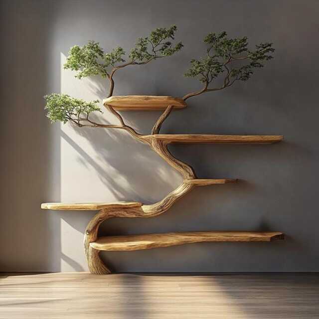 Handcrafted Tree Corner Bookcase Natural Wood Floating Bookshelf Rustic ...