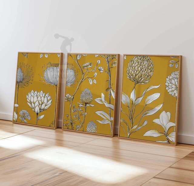 Mustard Botanical Print Set, Vintage Plant Wall Art, Yellow Poster Trio ...