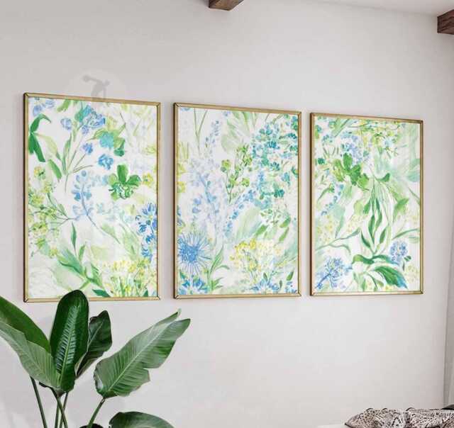 Set Of 3 Botanical Posters, Green & Blue Floral Wall Art Prints, Nature ...