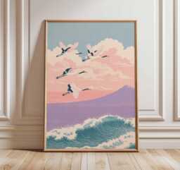 Japanese Cranes Poster, Mount Fuji & Ocean Wave Wall Art Print