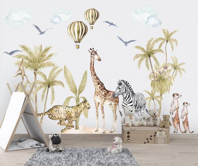 African Safari Animals Wall Decal As Giraffe, Monkey, Zebra, Africa ...