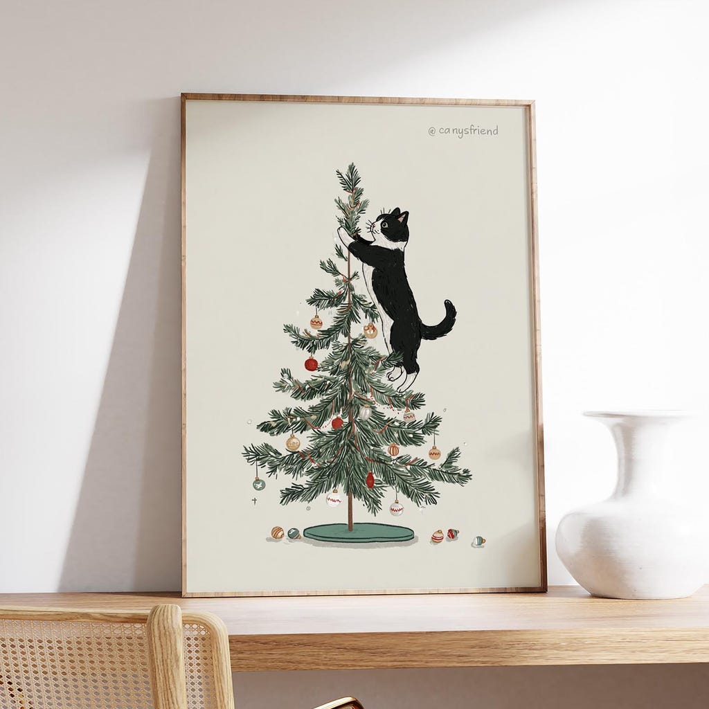 Funny Cat Christmas Tree Art Print, Black & White Holiday Wall Art