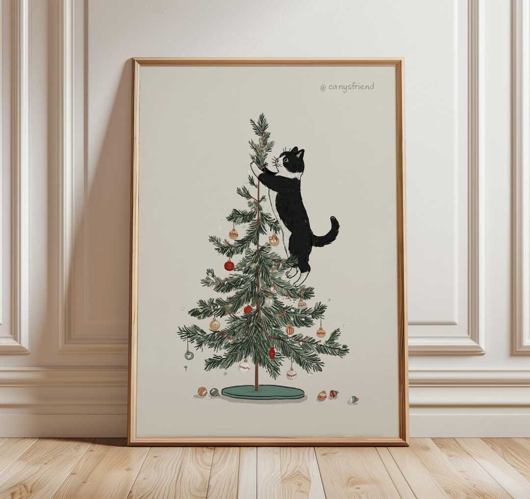 Funny Cat Christmas Tree Art Print, Black & White Holiday Wall Art