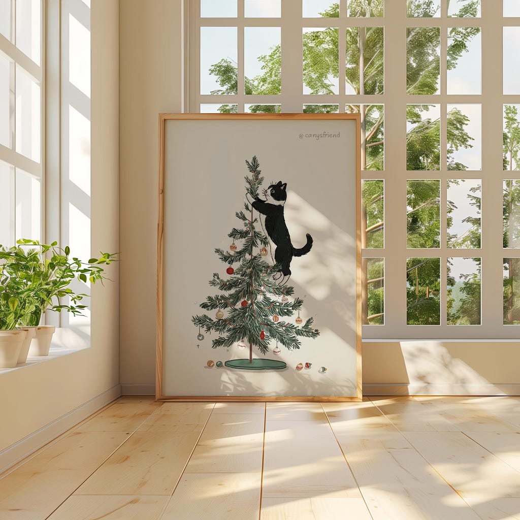 Funny Cat Christmas Tree Art Print, Black & White Holiday Wall Art