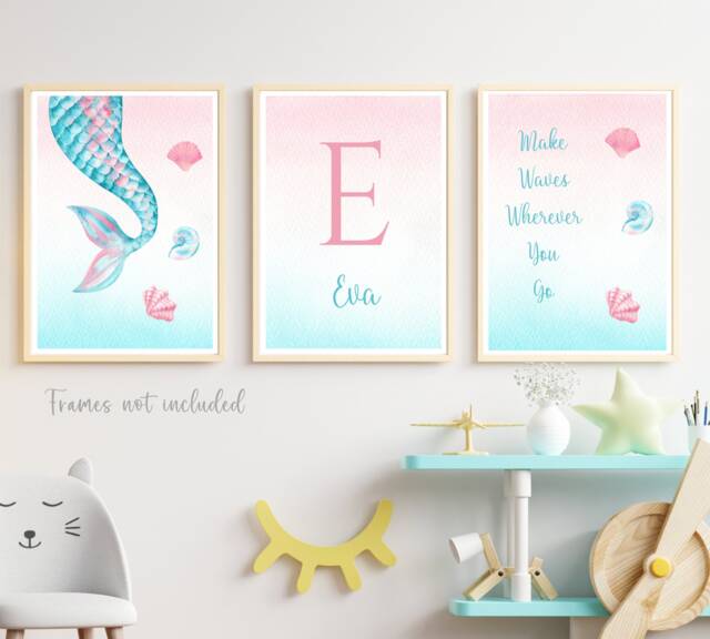 Personalised Girls Nursery Prints, Bedroom Art, Mermaid Set 3 Wall Art ...