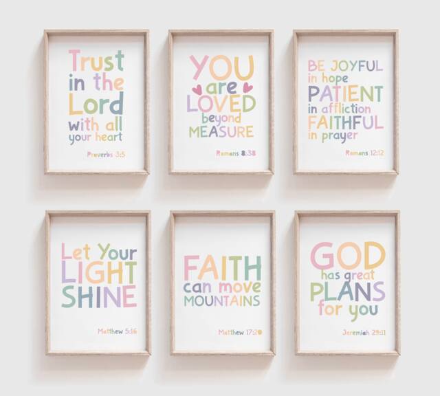 Set Of 6 Bible Verse Prints, Kids Christian Wall Art, Girls Nursery ...