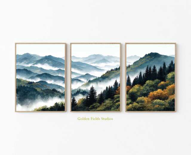 Blue Mountain Forest Wall Art Set Of 3 Misty Landscape Triptych Poster ...