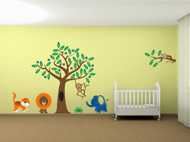 Kids Jungle Scene Monkey Tiger Frog Elephant Tree Vinyl Wall Art Decal ...
