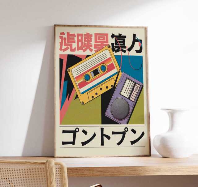 Retro Japanese Poster, Cassette Music Art, Wall Oriental Gift