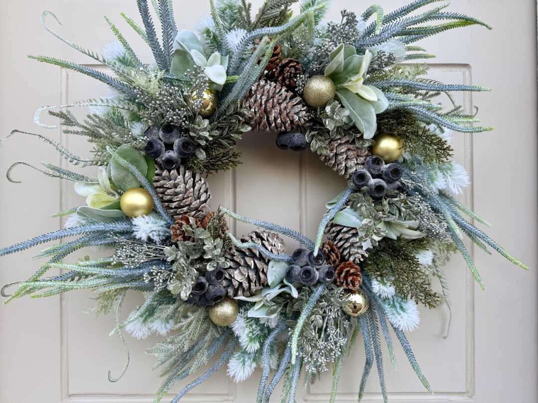 Frosted Nordic Christmas Wreath, Spruce Pine Cones Blueberries