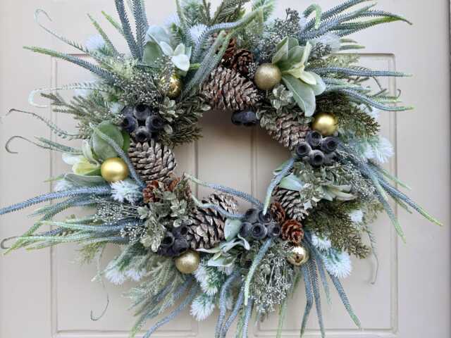 Frosted Nordic Christmas Wreath, Spruce Pine Cones Blueberries
