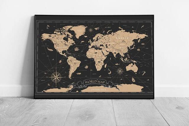 Vintage-Inspired Black & Gold World Map Wall Art Print - Framed Paper ...