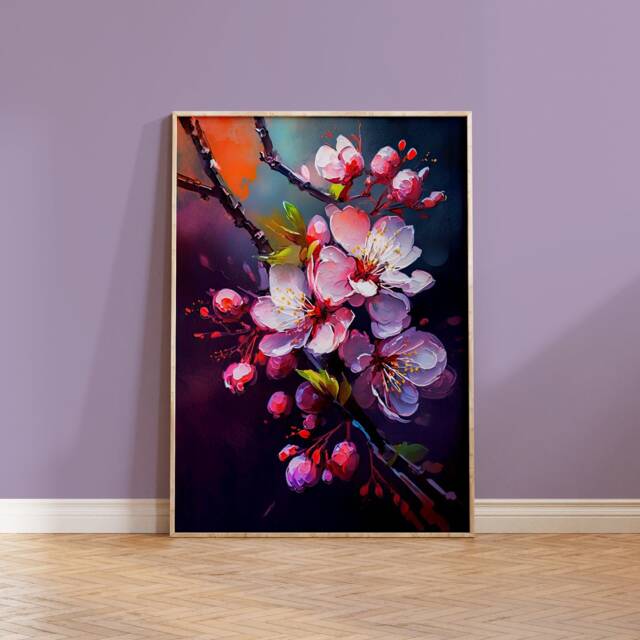Cherry Blossom Art Print Japanese Sakura Painting, Vibrant Home Decor ...