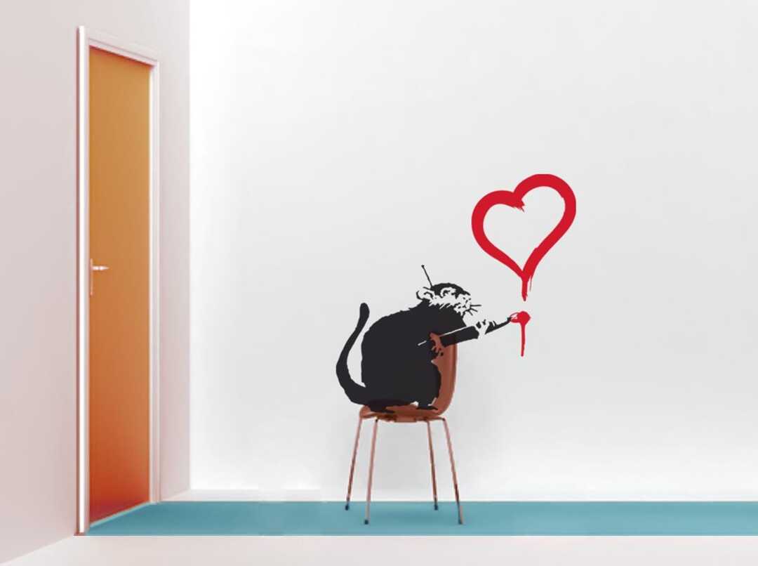 Banksy Rat Wall Decal Painting A Red Heart, Sticker Street Art
