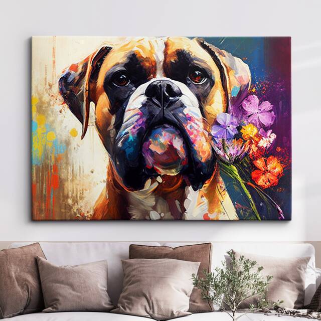 Boxer With Flowers Dog Pet Abstract Modern Oil Painting Wall Art ...