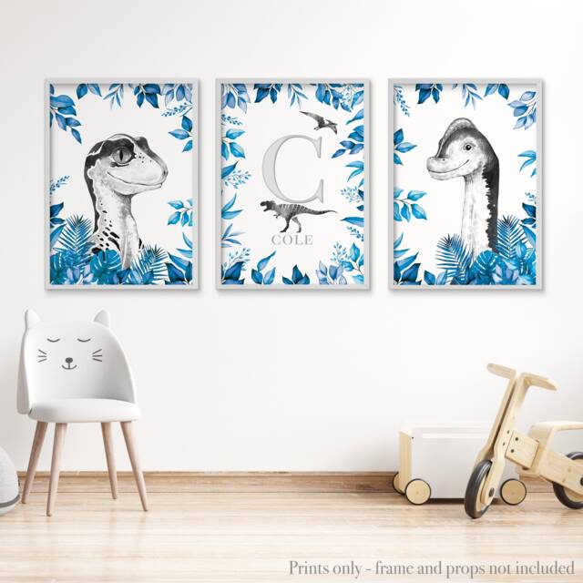 Blue Dinosaur Boys Nursery Prints, Set Of 3 Dinosaur Prints For Bedroom ...