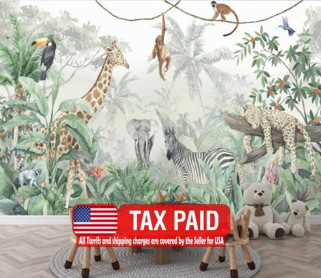 Jungle Animals Wallpaper Mural, Peel & Stick Decal, Kids Nursery Decor ...