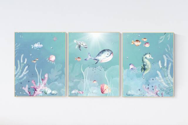 Under The Sea Wall Art, Ocean Nursery Decor, Nautical Print Set, Under ...