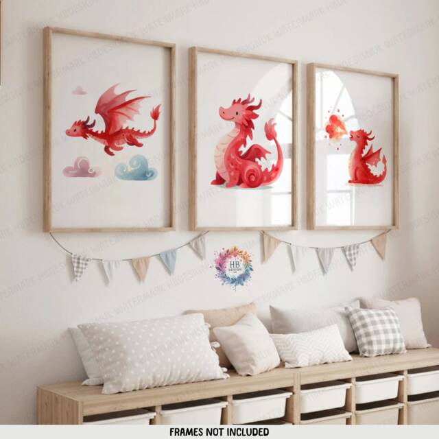 Red Dragon Nursery Prints - Set Of 3 Posters - Boys & Girls Bedroom ...
