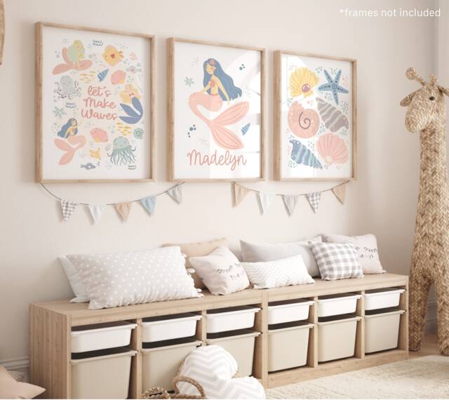 Set Of 3 Sea Prints in Pastel, Personalised Mermaid Print Set, Shells ...
