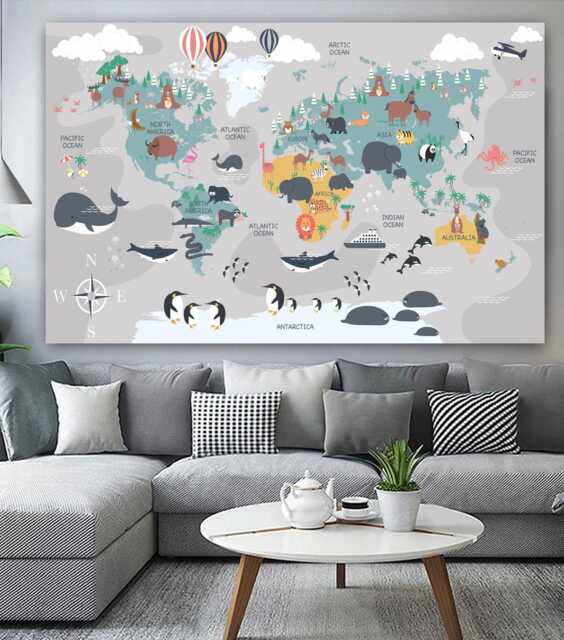 Animal World Map Kids Babies Wall Art Printed Canvas Or Poster Print ...