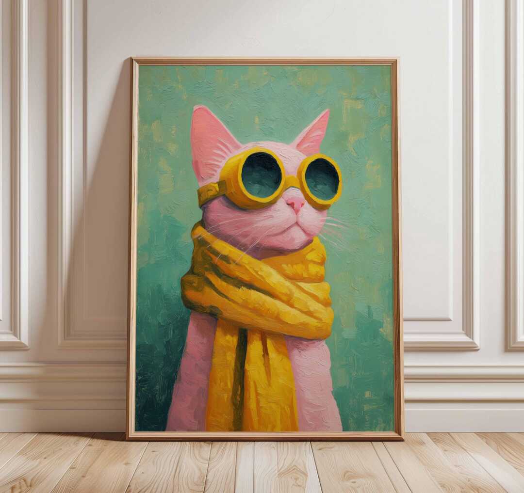 Cool Cat Poster, Funky Animal Wall Art, Pink in Sunglasses Print