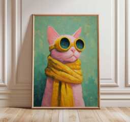 Cool Cat Poster, Funky Animal Wall Art, Pink in Sunglasses Print