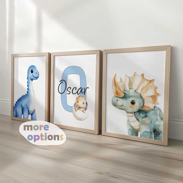 Dinosaur Personalised Nursery Wall Prints, Set Of 3 Custom Initial ...