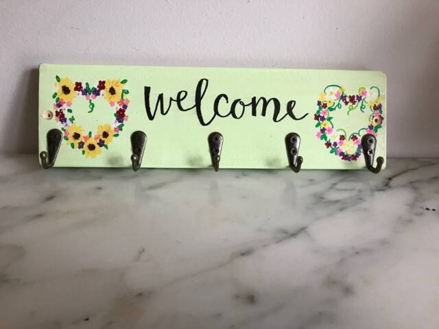 Hand Painted Floral Welcome Key Rack - Wall Mounted Entryway Organizer ...